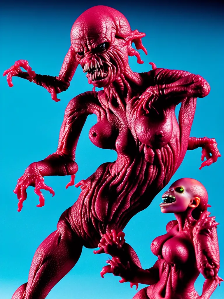 Image similar to hyperrealistic rendering, fat smooth john carpenter flesh monster natalie portman by bernie wrightson and killian eng and joe fenton, product photography, action figure, sofubi, studio lighting, colored gels, colored background