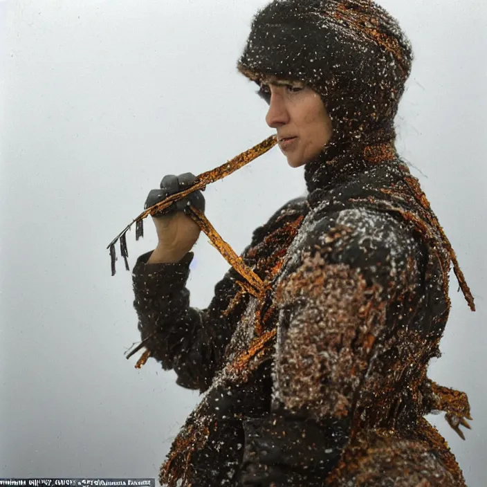 Prompt: a closeup portrait of a woman wearing a ski suit made of rusted nails and ribbons, picking oranges from a tree in an orchard, foggy, moody, photograph, by vincent desiderio, canon eos c 3 0 0, ƒ 1. 8, 3 5 mm, 8 k, medium - format print