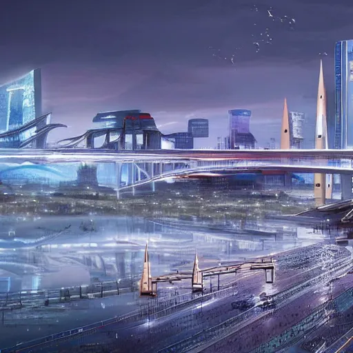 Prompt: view on vansu bridge in riga in year 2 1 0 0, futuristic, cyberpunk