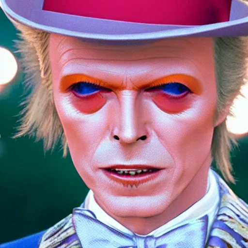 Image similar to photorealistic movie still of David Bowie as Willy Wonka 4k HDR amazing lighting