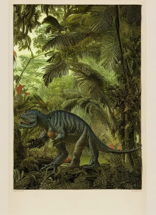 Image similar to a vintage dinosaur in a tropical forest, john james audubon, intaglio 8 k resolution