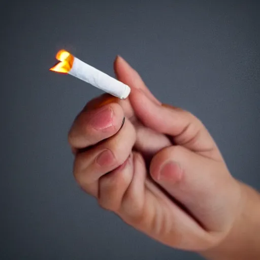 Prompt: Close-up of highly realistic female hand holding cigarette with smoke, white background, 4K, stock photo