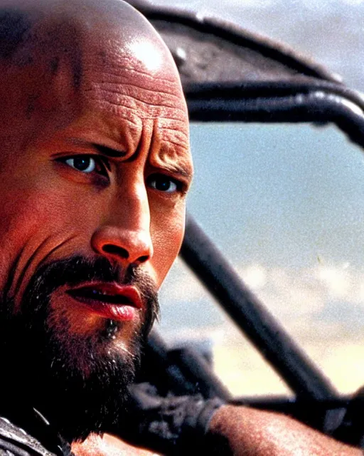 Image similar to film still close up shot of dwayne johnson as max rockatansky in the movie mad max 2 the road warrior. photographic, photography