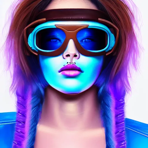 Prompt: closeup painting of a very beautiful young mexican cyberpunk woman with a smirk, wearing light blue shutter shades and a purple coloured leather jacket, one side haircut, long brown hair with light blue ends, portrait, hyperdetailed, artstation, cgsociety, 8 k, synthwave by tangerine dream