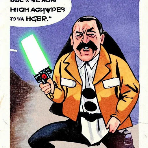 Image similar to comic book of angry jews with lightsabers and adolf hitler accurate eyes high detail