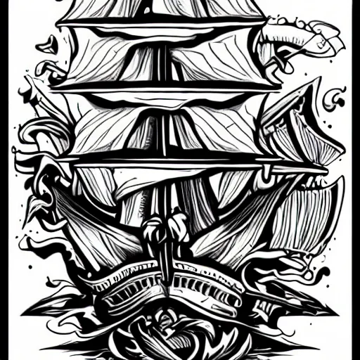 Prompt: A pirate ship tattoo design in the style of Dmitriy Samohin