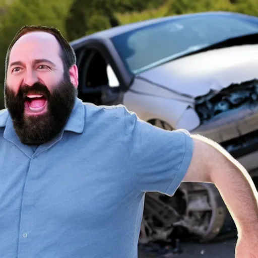 Image similar to Tom Segura laughing in front of a carcrash, hidden camera photo, photorealistic, 8k