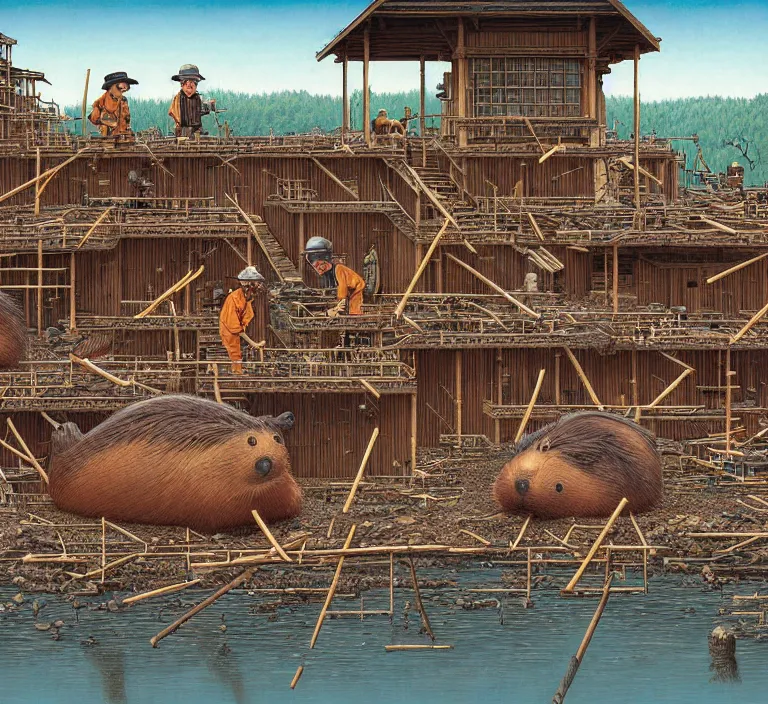 Image similar to photography hyperrealism concept art of highly detailed anthropomorphic beavers builders that building city with sticks by hasui kawase and scott listfield sci - fi style hyperrealism