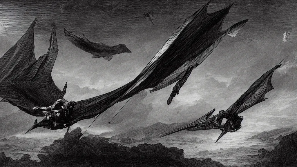 Image similar to drawing of an ornithopter flying toward a desert storm, by gustave dore, nineteenth century, black and white, vintage, science fiction, epic composition, dramatic lighting, highly detailed, cinematic