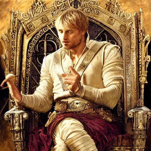 Prompt: attractive bradley james as attractive king arthur pendragon, sat in his throne, big arches in the back, very detailed painting, by gaston bussiere, craig miller, j. c. leyendecker