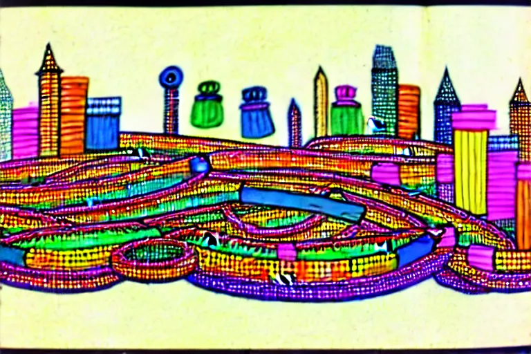 Image similar to an elaborate penned child illustration of a colorful intricate connected city of tubes and pipes, by martin handford and by jan van haasteren