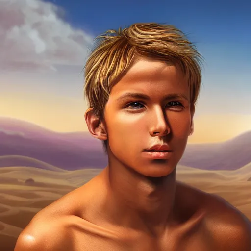 Image similar to a detailed portrait of a tan boy in the desert, fantasy art illustration, incredibly highly detailed and realistic, 8 k, sharp focus