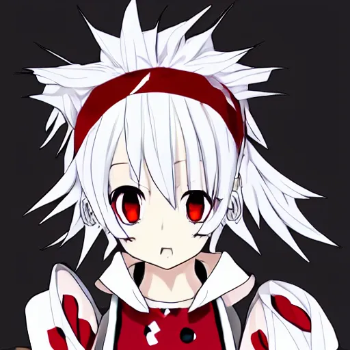 Prompt: vtuber white hair, red eyes, two little horn on the head, anime style, manga