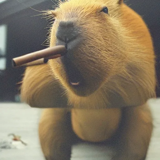 Image similar to an accurate capybara wearing a business suit and smoking a cigar in his mouth