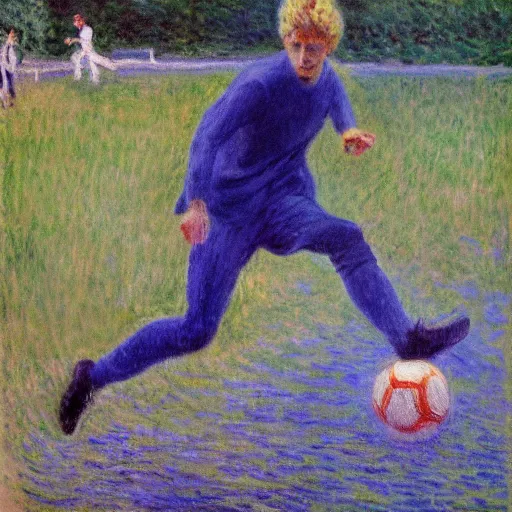 Prompt: monet painting of a skinny blonde man falling over a soccer ball, highly detailed, realistic,