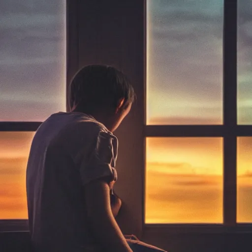 Prompt: a boy, 2 5 years old, numb, hopeless, sitting alone in front of the window, evening time, gloomy, sunset, boy staring at the window, very sad emotion, extremely realistic, 4 k, hd