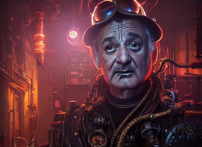 Image similar to an intricately detailed ultra - realistic unreal engine 5 rendering of a portrait of steampunk cyberpunk neon - bordered cyborg bill murray, concept art, intricate details, eerie, highly detailed, photorealistic, octane render, 8 k uhd art by kilian eng