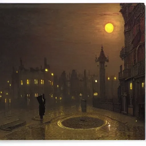 Image similar to Alien invasion in Victorian London at dusk by john atkinson grimshaw