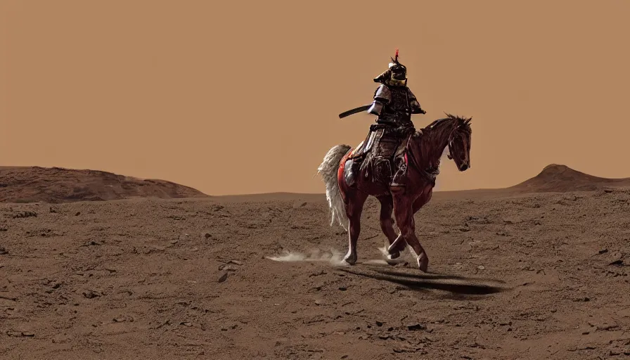 Image similar to a samurai riding a horse on mars