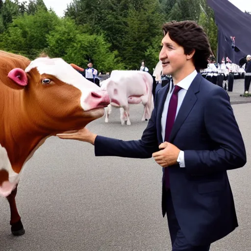 Image similar to justin trudeau. he is an animated cow patty. world leaders meeting,