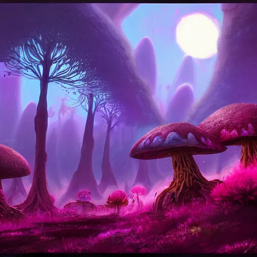 Prompt: concept art painting of a fantasy alien fungal landscape at night, magenta trees, glowing blue mushrooms, dark purple sky, realistic, detailed, cel shaded, in the style of makoto shinkai and greg rutkowski and albert bierstadt and james gurney