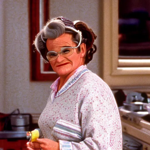 Prompt: robin williams dressed as mrs doubtfire in the movie mrs doubtfire ( 1 9 9 3 ), movie still, photo realistic, sigma 5 0 mm,