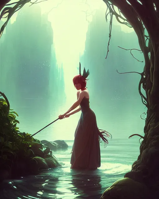 Image similar to highly detailed vfx portrait of a witch casting water magic, unreal engine, greg rutkowski, loish, rhads, beeple, makoto shinkai and lois van baarle, ilya kuvshinov, rossdraws, tom bagshaw, alphonse mucha, global illumination, detailed and intricate environment