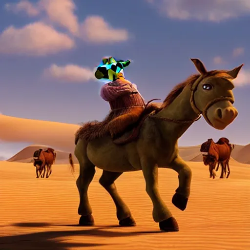 Prompt: shrek, dressed in cowboy attire, riding a donkey into the desert horizon, golden hour, photorealistic