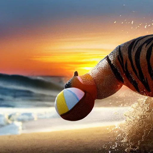 Image similar to a closeup photorealistic photograph of a cute smiling knitted tiger hippopotamus chasing a beachball at sunset. surf in the background. professional capture. this 4 k hd image is trending on artstation, featured on behance, well - rendered, extra crisp, features intricate detail, epic composition and the style of unreal engine.