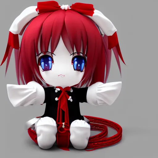 Prompt: cute fumo plush of a gothic maiden in a red and black uniform, laces and ribbons, soft shadow, anime girl, vray, white frame