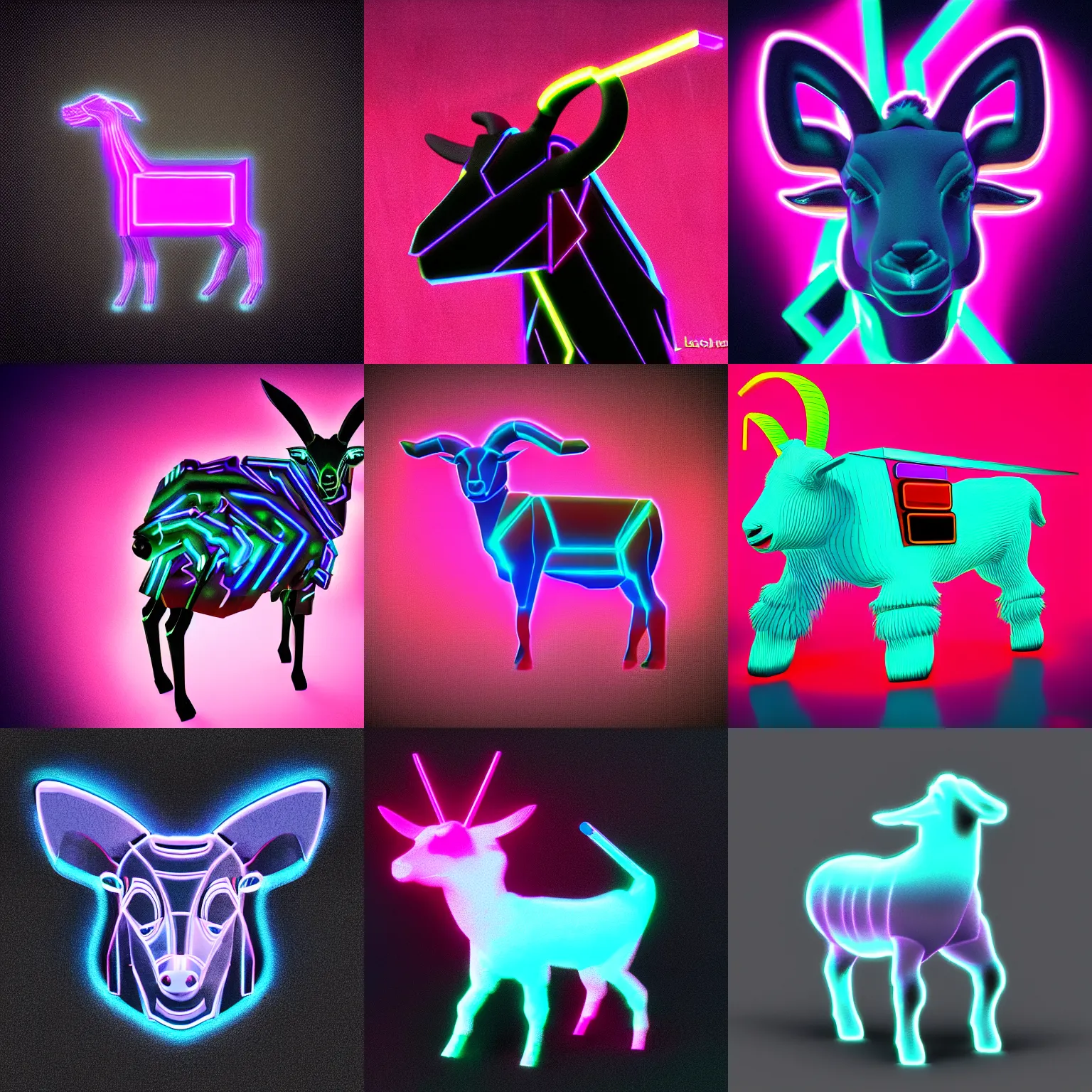 Prompt: vaporwave goat, 3 d render, tron, black background, neons