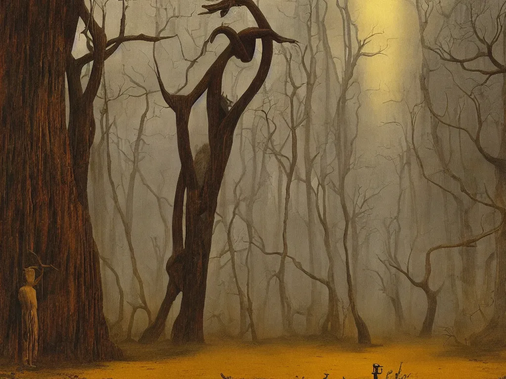 Prompt: Giant African sculpted god in a ravine, fog, melancholy, noise, surreal canopy, Harsh, golden light. Painting by Caspar David Friedrich, Peter Doig, Yves Tanguy.