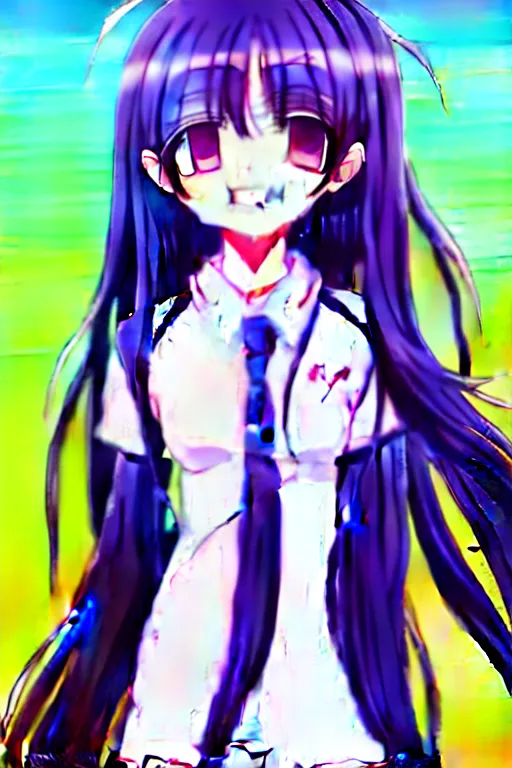 Image similar to full body anime portrait of a cute girl round eyes long hair dressed in a school uniform cinematic stunning highly detailed 4 k neon anatomically correct