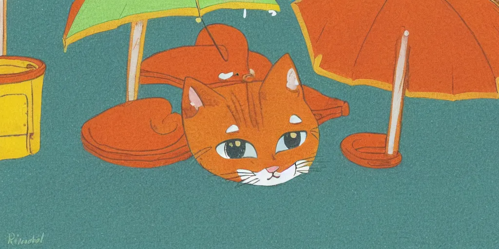 Prompt: an orange tabby kitten waiting in the rain in chuncheon by richard scarry