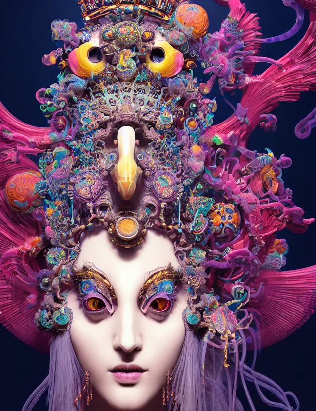 Image similar to 3 d goddess close - up profile portrait with crown, ram skull. beautiful intricately detailed neon japanese crow kitsune mask and clasical japanese kimono. betta fish, jellyfish phoenix, bio luminescent, plasma, ice, water, wind, creature, artwork by tooth wu and wlop and beeple and greg rutkowski