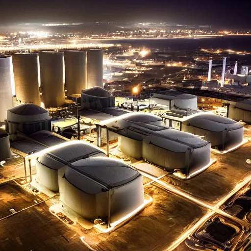 Image similar to photo of an inside nuclear power plant at night birds eye view inception cinematic