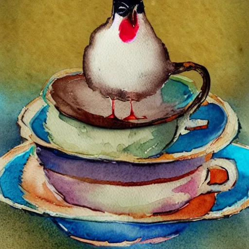 Prompt: a bird sitting on top of a stack of tea cups, a watercolor painting by annabel kidston, shutterstock contest winner, pop surrealism, whimsical, detailed painting, storybook illustration