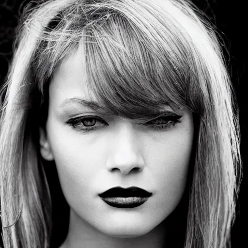 Prompt: black and white vogue closeup portrait by herb ritts of a beautiful female model, bangs, high contrast