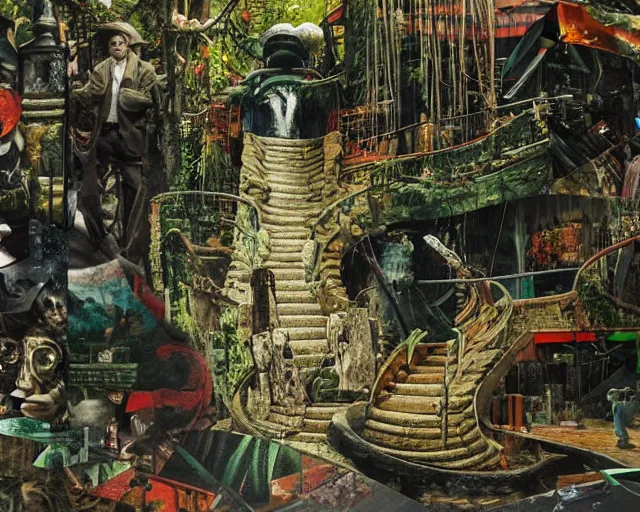 Image similar to high quality, high detail painting, dutch masterpiece, fluxus, film noir, ernst haekl, empty scene in las pozas with quetzalcoatl at night, hd, muted lighting, cut up collage