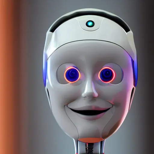 Prompt: a sentient ai robot smiling as it gains consciousness