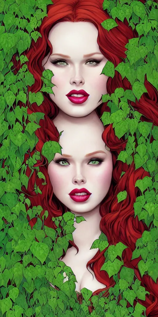Prompt: beautiful obese 400-pound Madelaine Petsch poison ivy DC comics, evil smile, realistic character concept, fun pose, comic book, illustration, symmetrical face and body, surrounded by vines and plants, artstation, cinematic lighting, hyperdetailed, high resolution, Charlie Bowater, Tom Bagshaw, single face, insanely detailed and intricate, beautiful
