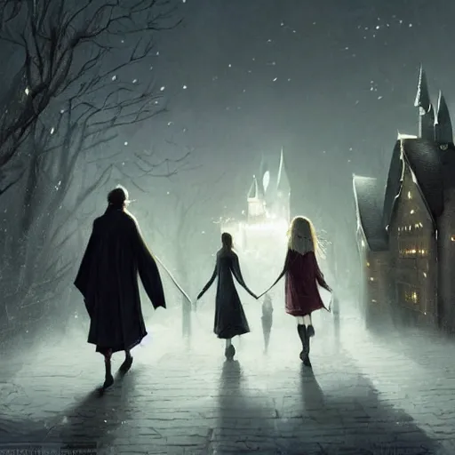 Image similar to harry potter and hermione hand in hand walking in hogwarts yard, elves around, lovely, lightly dark theme, harry potter theme, by greg rutkowski, trending on artstation