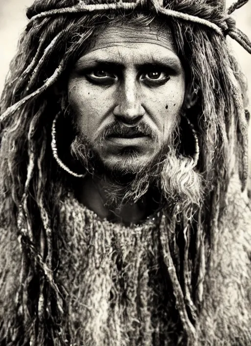 Image similar to Award winning Editorial photo of a Early-medieval Native Liechtensteiners with incredible hair and beautiful hyper-detailed eyes wearing traditional garb by Lee Jeffries, 85mm ND 5, perfect lighting, gelatin silver process