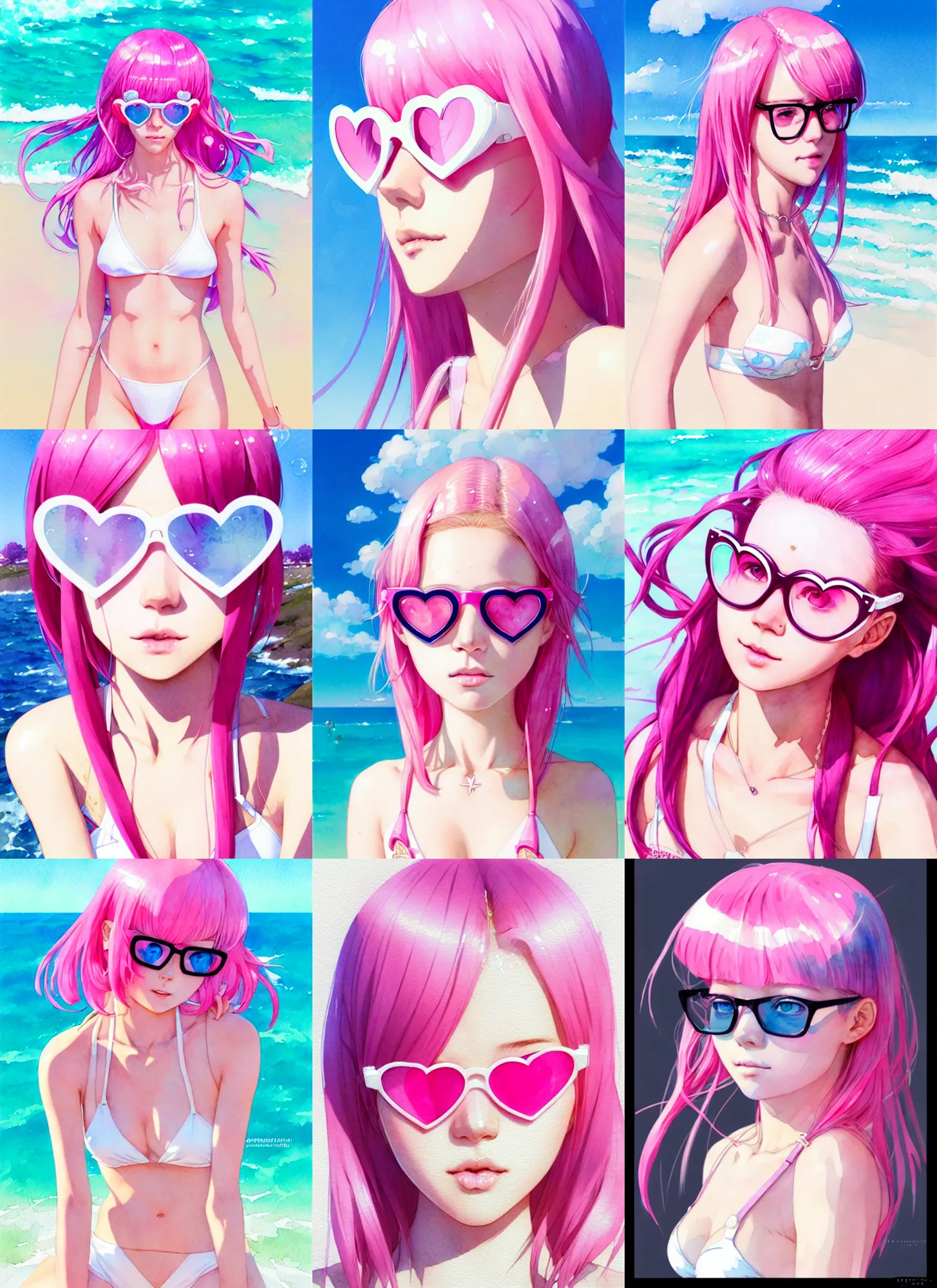 Prompt: portrait of a beautiful girl with pink hair with heart shape pink glasses above head, in white reflective bikini at beach, symmetry face, top lighting, cute - fine - face, ( watercolor ), art by hidari and krenz cushart and wenjun lin and starember and kuvshinov ilya and kidmo and rossdraws and artgerm