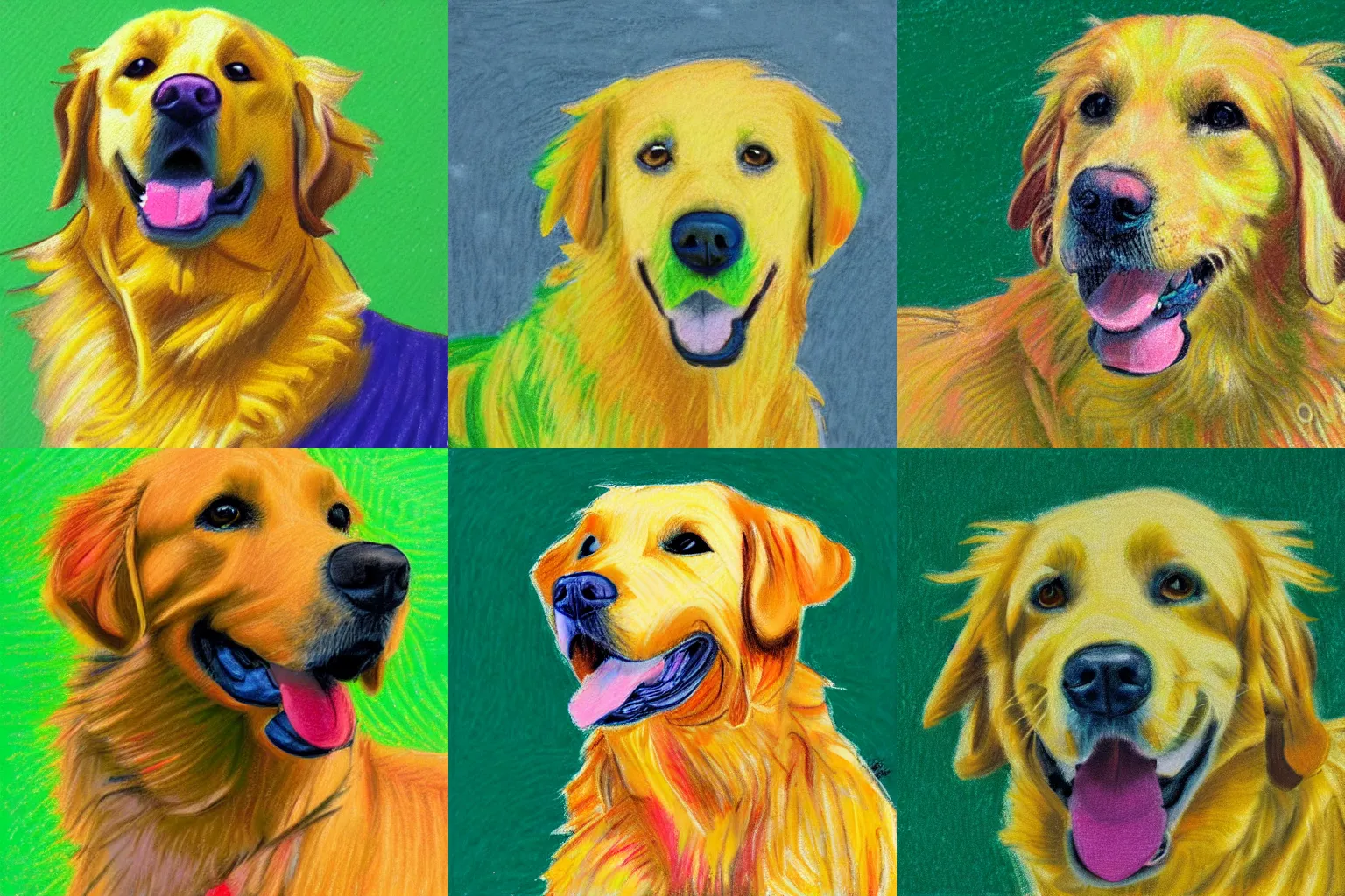 Prompt: oil pastel art portrait of a happy golden retriever, yellow-green background