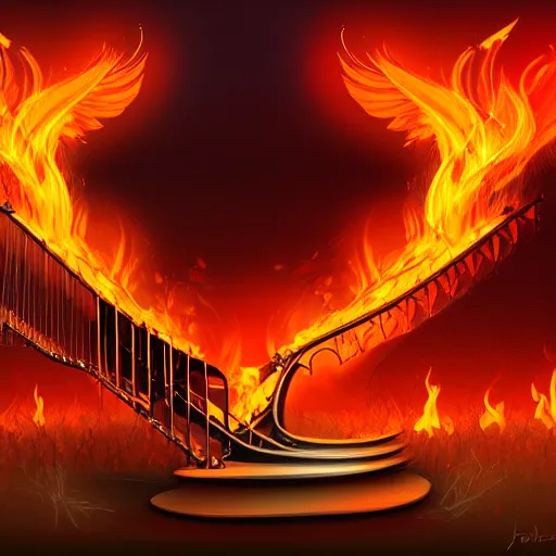 Image similar to in the lower part of the picture is the harp burning in the fire, above are cranes flying in flames, digital painting, concept art