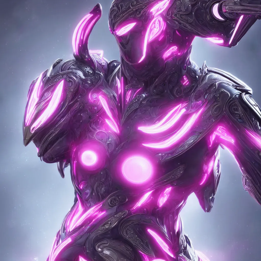Image similar to highly detailed exquisite fanart, of a beautiful female warframe, but as an anthropomorphic robot female dragon, glowing eyes and robot dragon head, off-white plated armor, bright Fuchsia skin, royal elegant pose, close-up bust shot torso up, epic cinematic shot, realistic, professional digital art, high end digital art, sci fi, DeviantArt, artstation, Furaffinity, 8k HD render, epic lighting, depth of field