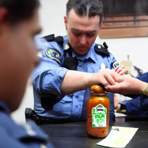 Image similar to coherent photo of police interrogating a jar of pickles