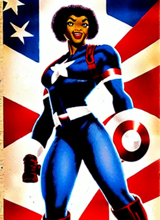 Image similar to beautiful black female captain america. afro - feminist captain america wins wwii. american wwii propaganda poster by james gurney, rob liefeld and pixar. gorgeous face. overwatch, realistic. black power