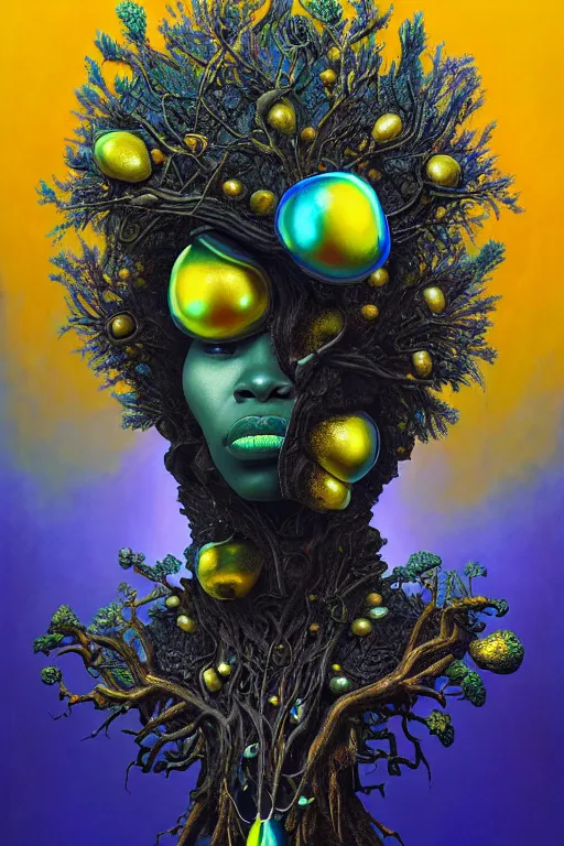 Image similar to hyperrealistic deconstructed super expressive! black woman with exoskeleton armor, merging with tree in a forest, highly detailed digital painting masterpiece smooth cam de leon hannah yata dramatic pearlescent blue yellow light ground angle hd 8k sharp focus